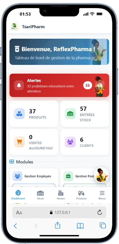 Tableau de bord TsariPharm sur téléphone